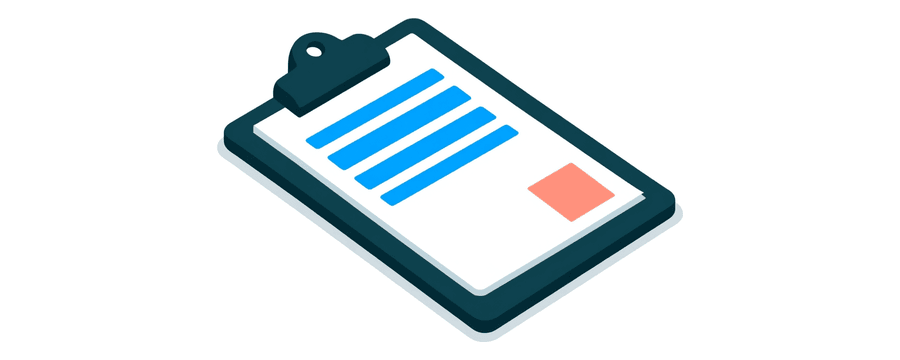 Illustration: a clipboard lying flat and alone, holding a sheet marked with three short blue horizontal bars and a small coral square