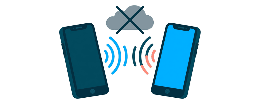Illustration: two phones sending signal waves to each other, with a crossed-out cloud above them