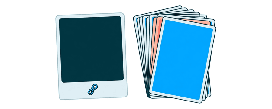 Illustration: a single photo card with a link icon beside a fanned-out pile of photo cards