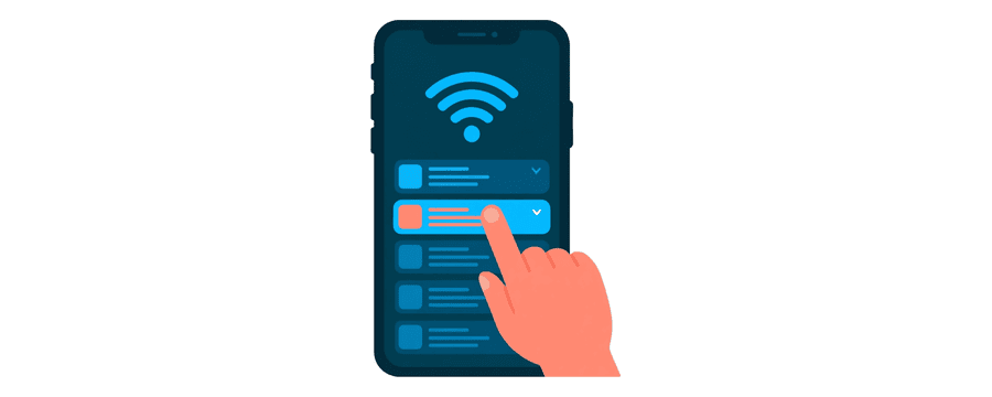 Illustration: a fingertip tapping one highlighted network in a phone Wi-Fi list