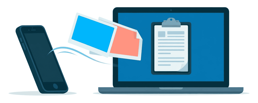 Illustration: a phone sending photo cards onto a clipboard on a laptop screen