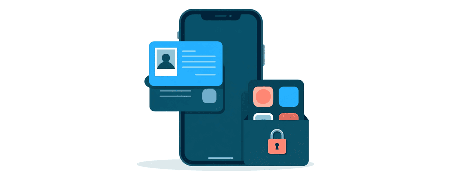 Illustration: a card with a photo sliding out of a phone while app icons stay locked in a padlocked box beside it