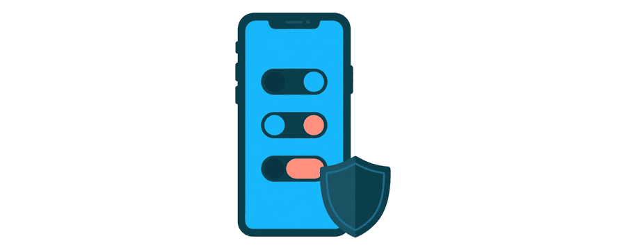 Illustration: a phone showing three permission switches, with a shield beside it
