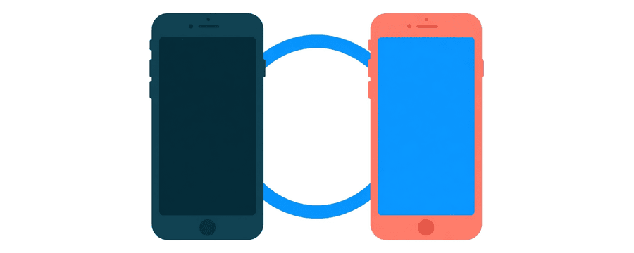 Illustration: a navy phone and a coral phone side by side, linked by a bright blue ring