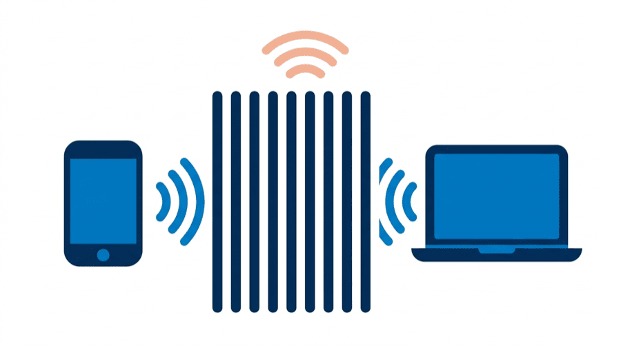 Illustration: a phone and a laptop on either side of a tall barrier of upright bars, their signals stopping dead against it while one Wi-Fi arc spans both