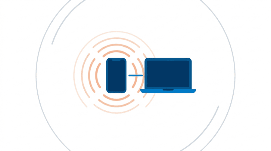 Illustration: a phone radiates a warm bubble with a laptop inside it joined by a short line, and a broken grey circle pushed outside the pair