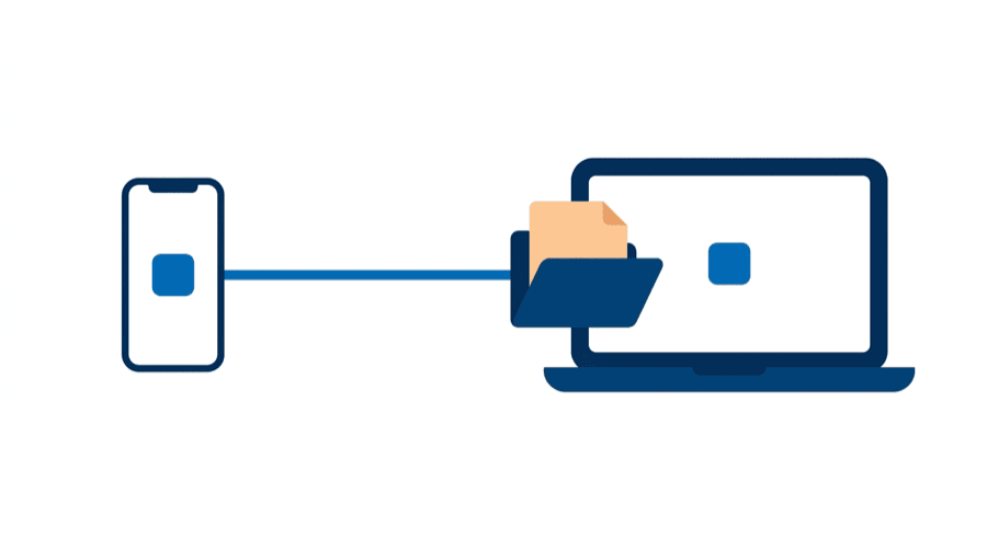 Illustration: a phone and a laptop each carry a small installed badge, and a line ends at a document tile resting inside an open folder