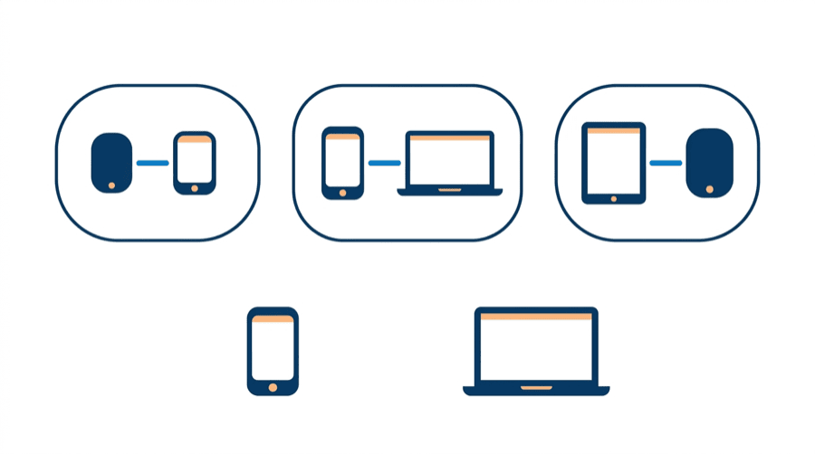 Illustration: three pairs of devices each sealed in their own rounded bubble, with an unpaired phone and laptop below separated by an empty gap
