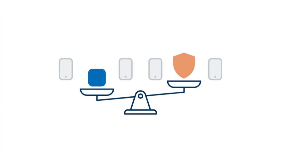 Illustration: a balance scale holding a rounded app badge on one pan and a shield on the other, with plain device outlines behind it
