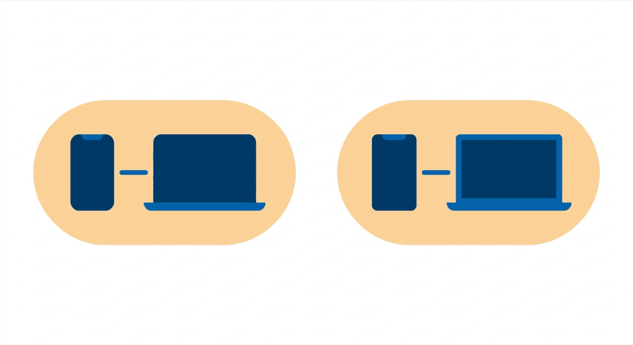 Illustration: two pairs of devices, each pair joined by a short line inside its own warm rounded bubble, with wide empty space between them