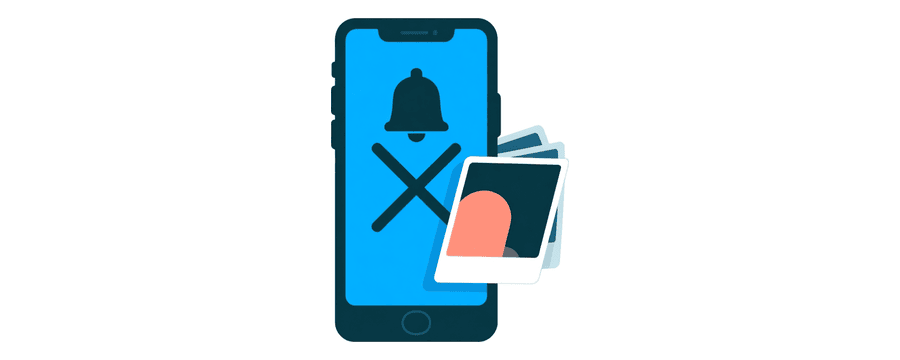Illustration: a bell with a cross under it on a phone screen, while photo cards still slide onto the phone
