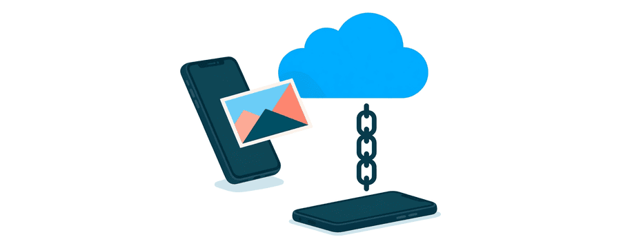 Illustration: a phone sending a photo up to a cloud, and a link coming down to a second phone