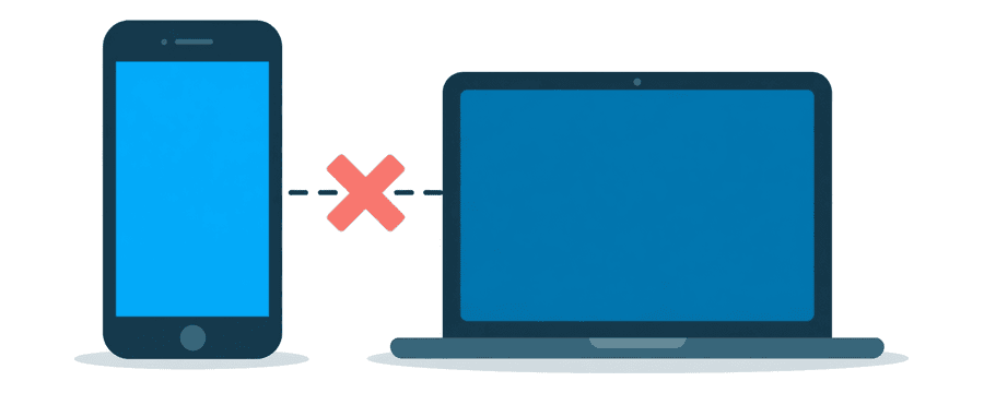 Illustration: a dashed line from a phone that stops at a red cross before reaching a laptop
