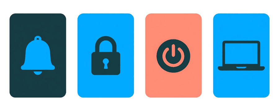 Illustration: four cards in a row showing a bell, a padlock, a power button and a laptop