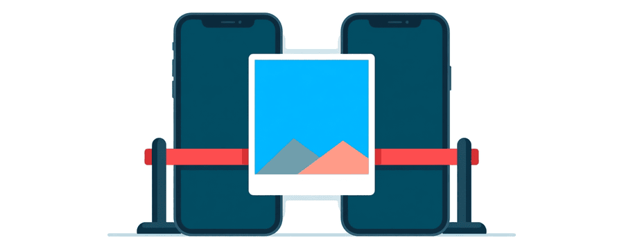 Illustration: a photo card stopped by a red barrier between two phones