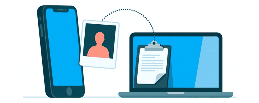 Illustration: a phone sending a photo along a dotted line onto a clipboard on a laptop