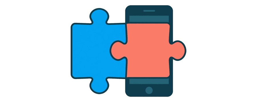 Illustration: a blue and a coral puzzle piece fitting together beside a phone