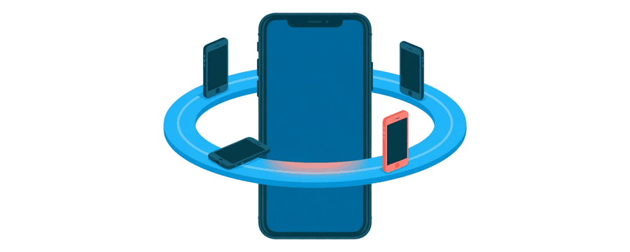 Illustration: a large phone inside a blue ring, with small phones standing on the ring and one of them coral