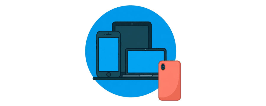 Illustration: a phone, tablet and laptop inside a blue circle, with a coral phone pushed half outside its edge