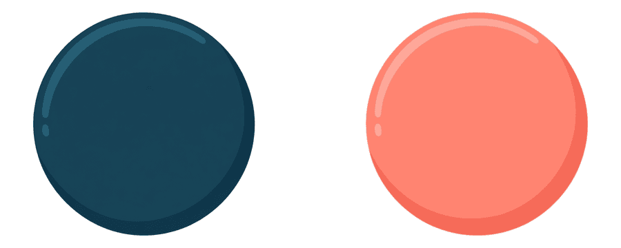 Illustration: two identical round badges lying flat side by side, one navy and one coral, with a wide empty gap between them