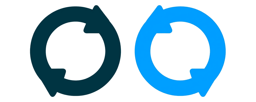 Illustration: two circular arrows side by side, each a thick open ring with a single arrowhead, one navy and one blue