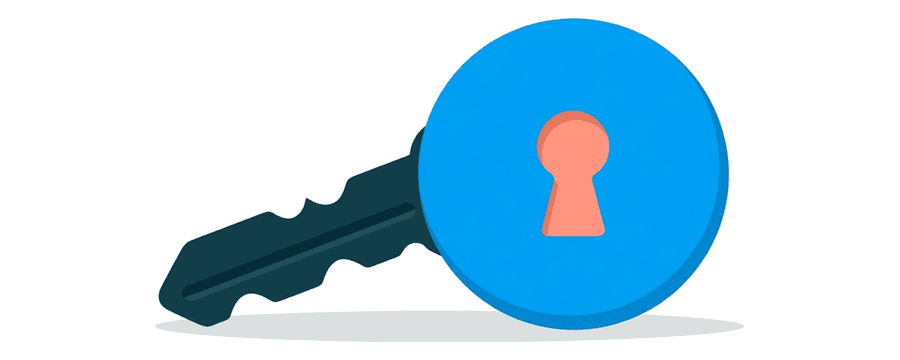 Illustration: a navy key lying flat beside a rounded blue badge with a small coral keyhole in its centre