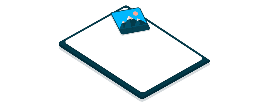 Illustration: a plain document page with a navy border, with one small blue picture card showing a simple mountain and sun landscape in its upper half