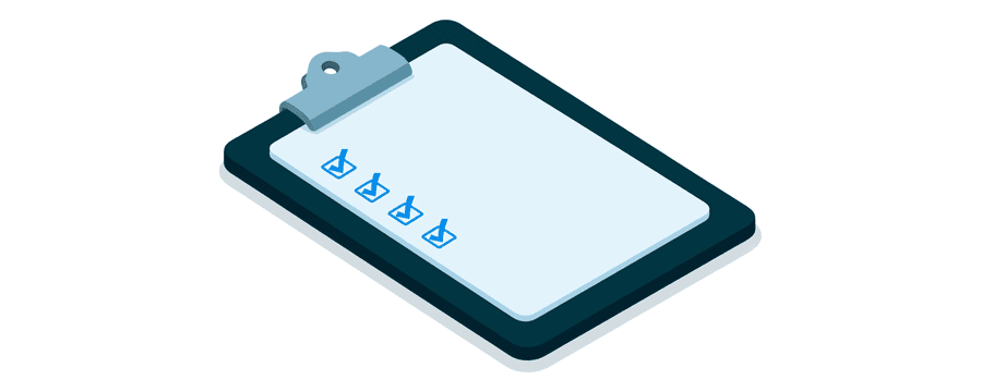 Illustration: a clipboard lying flat with a navy board, holding a plain page with four small blue tick marks down its left edge