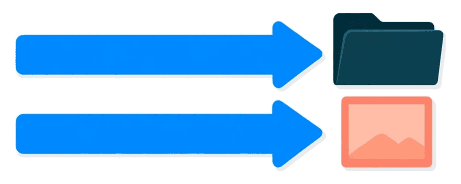 Illustration: two straight blue arrows side by side pointing right, the upper ending at a small navy folder and the lower at a small coral picture card