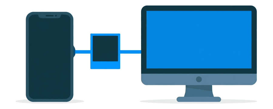 Illustration: a smartphone and a desktop monitor joined by one short blue line, with a small picture card resting in the middle of it