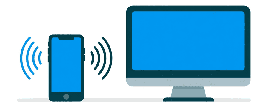 Illustration: a smartphone and a desktop monitor with two rows of curved signal arcs in the gap between them