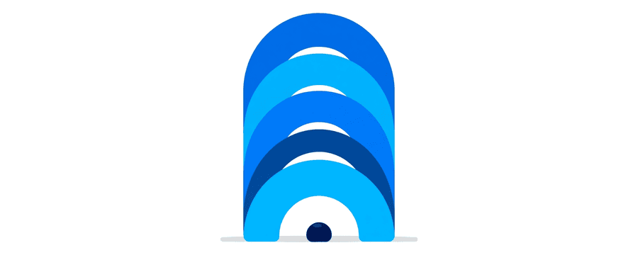 Illustration: a stack of four curved blue signal arcs growing upward from a small navy dot