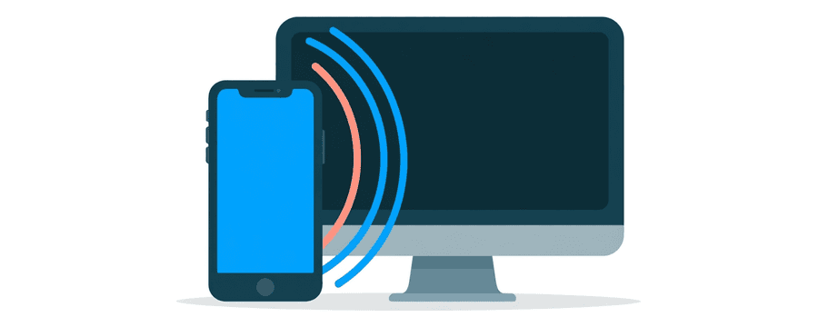 Illustration: a smartphone and a desktop monitor very close together, with three short curved blue arcs filling the narrow gap between them