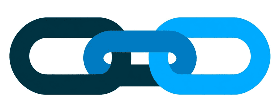 Illustration: two rounded chain links lying flat and interlocked, one navy and one bright blue