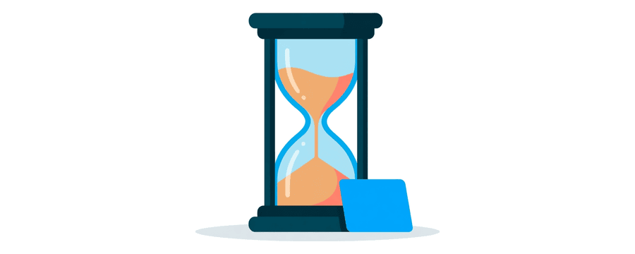 Illustration: a simple hourglass with amber sand in its lower chamber, and a small blue square card beside its base