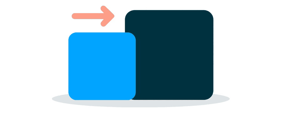 Illustration: one very small blue square card beside a much larger navy square card, with a short coral arrow above the small one