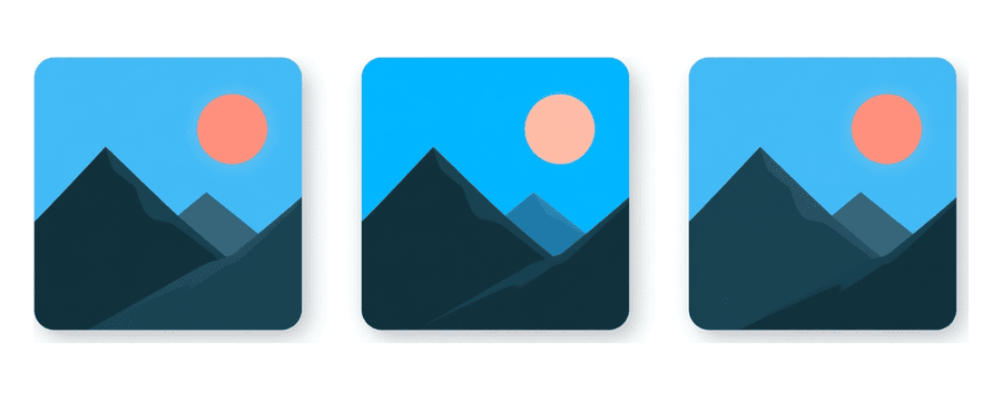 Illustration: three small square picture cards in a row, each showing a simple mountain and sun landscape