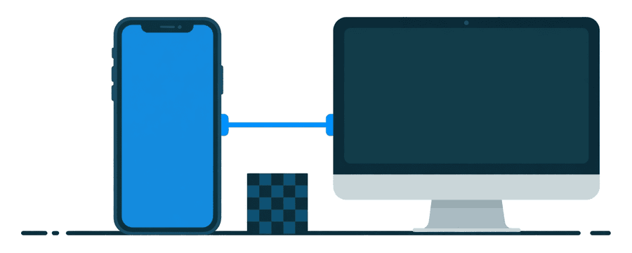 Illustration: a smartphone and a desktop monitor side by side, joined by a short blue line with a small checkered square between them