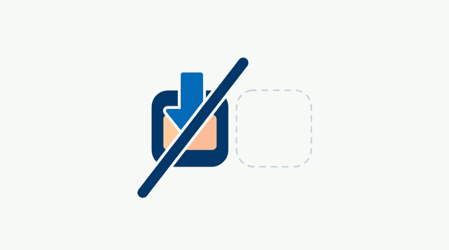 Illustration: an app tile with its download arrow crossed out, beside an empty dashed outline where a successor would be