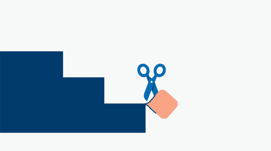 Illustration: a bar stepping down in three blocks with an app tile sliding off the lowest one, and open scissors above it
