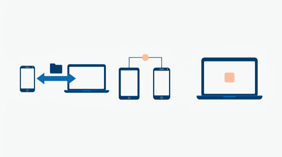 Illustration: three small scenes showing a file moving both ways, two different phones sharing one link, and a laptop that already carries an app tile