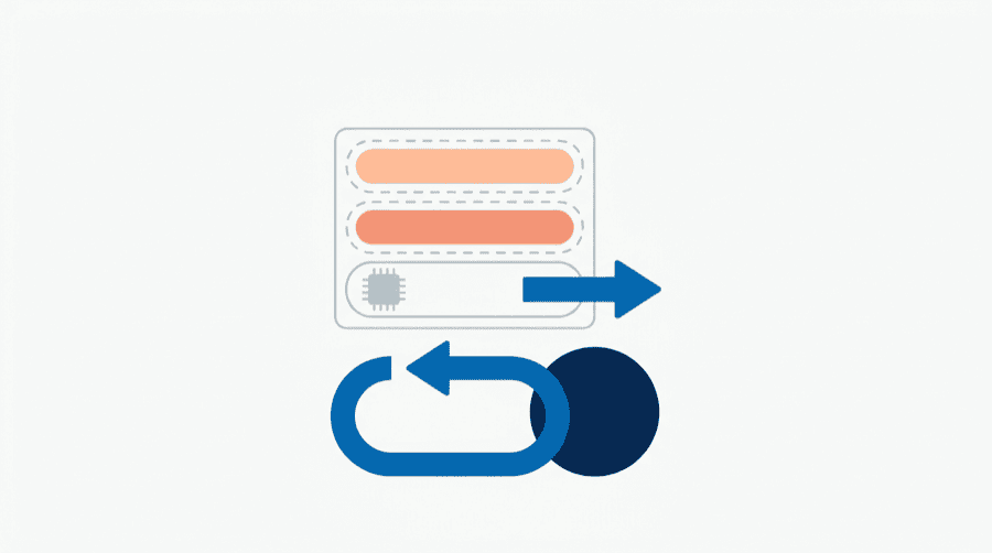 Illustration: a device row being pulled out of a list, and a looping arrow running into a solid circle that blocks it
