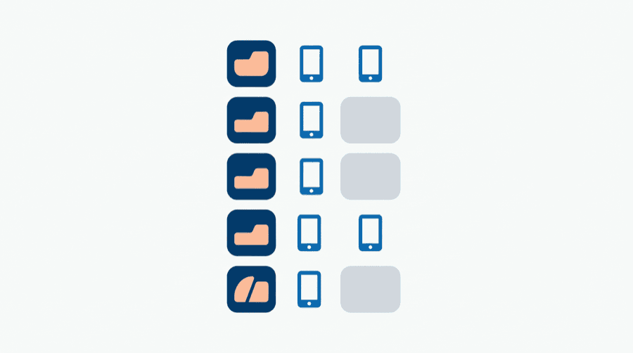 Illustration: five tool tiles in a column, two carrying a pair of device marks and three carrying one with an empty slot beside it