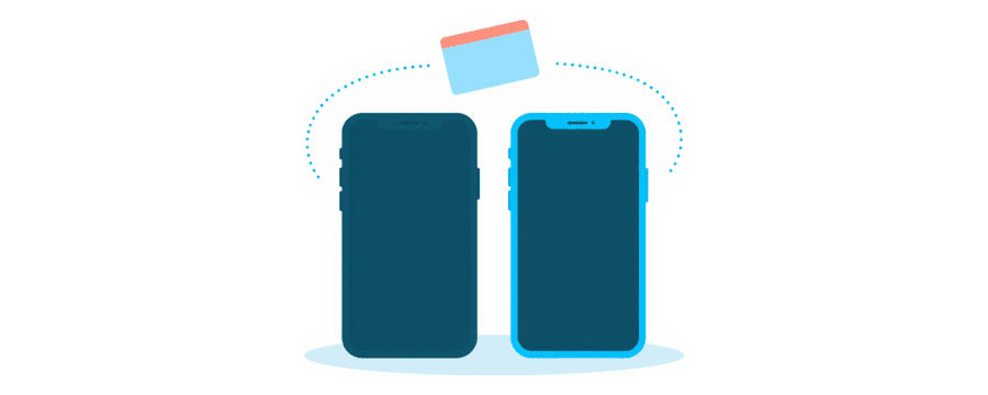 Illustration: a photo card travelling along a dotted line from one phone to another