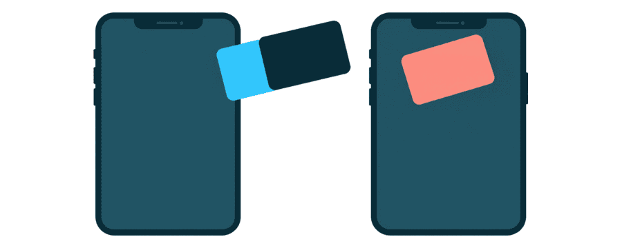 Illustration: two phones facing each other, each with a small rounded card above it, one navy and one coral