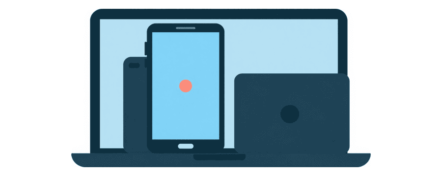Illustration: a phone, a tablet and a laptop grouped together, with a coral dot on the phone
