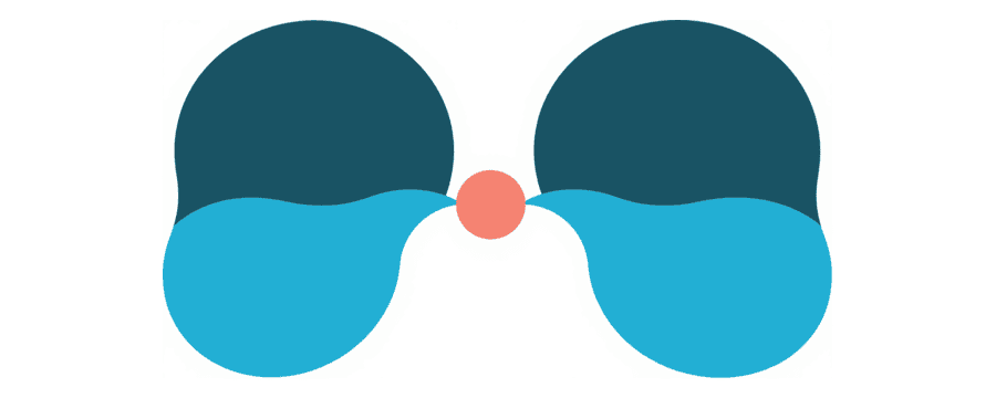 Illustration: two rounded shapes flowing together into one larger shape with a coral dot