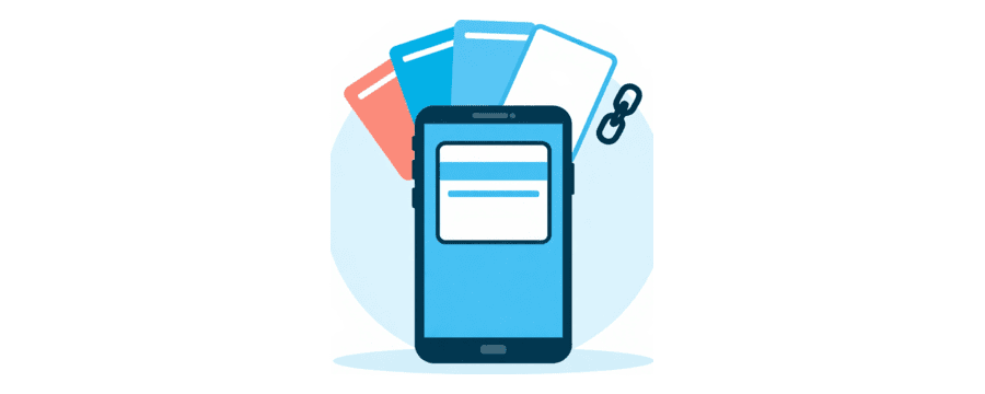 Illustration: a photo card, a video card, a folder and a chain link fanned above a phone