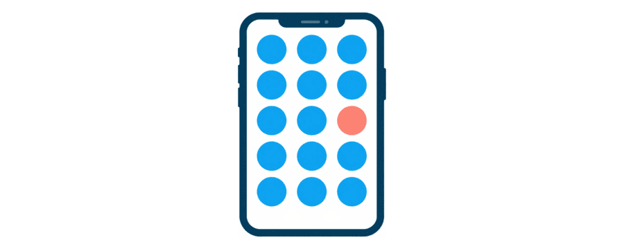 Illustration: a phone screen filled with a grid of round blue tiles, one of them coral