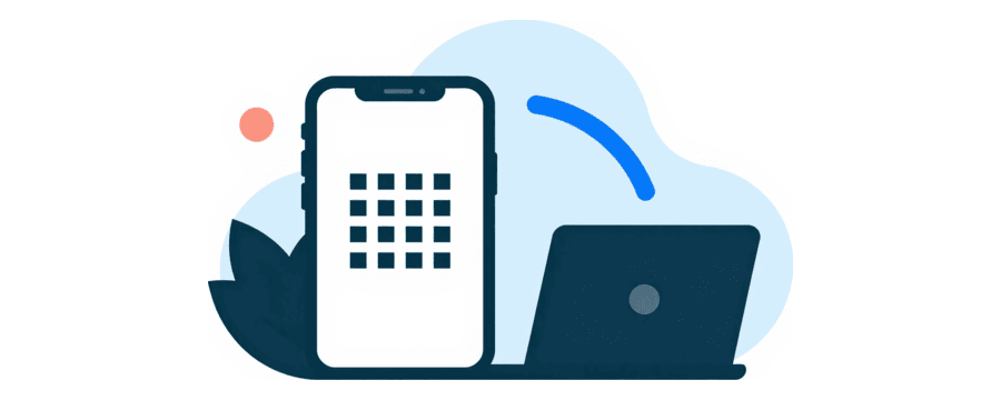 Illustration: a phone showing a square code pattern beside a laptop, joined by a blue arc